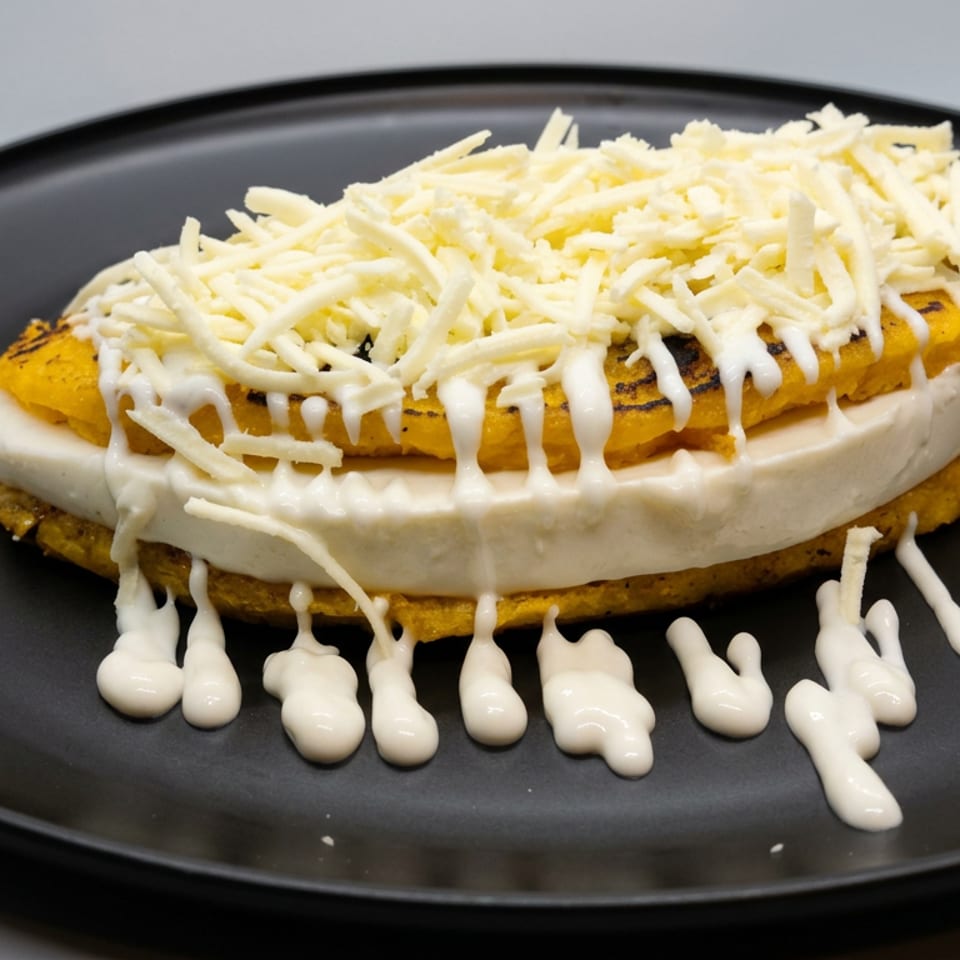 Grilled corn cake layered with thick white cheese, cream sauce, and shredded cheese on a black plate.