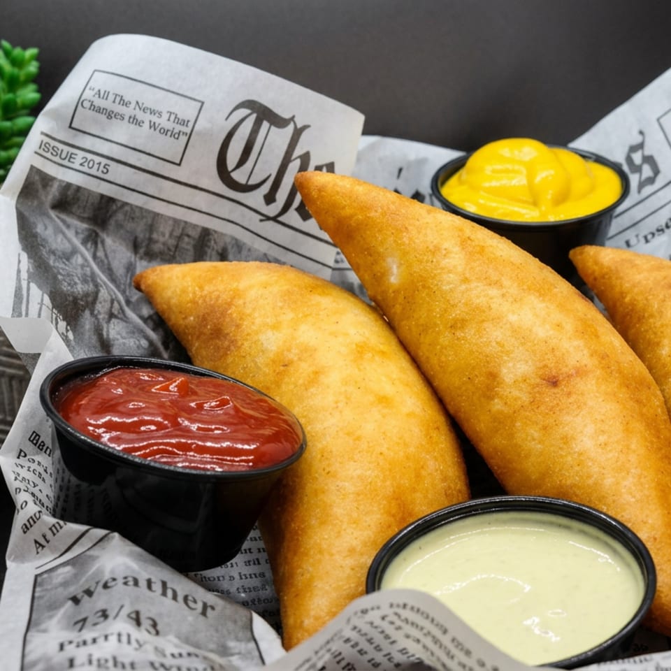 Three golden fried pastries served with red, yellow, and creamy dipping sauces on newspaper-style paper beside a potted succulent.