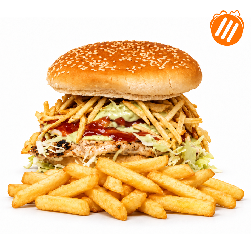 Loaded sesame-seed burger with fries, lettuce, creamy sauce, and ketchup, served against a white background.