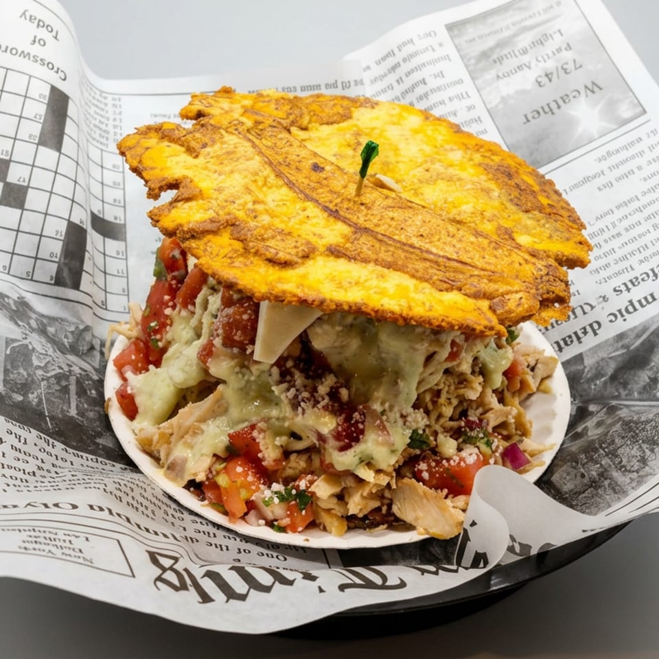 Loaded sandwich with crispy golden flatbread, chicken, tomatoes, cheese, and creamy sauce served on newspaper-style paper.