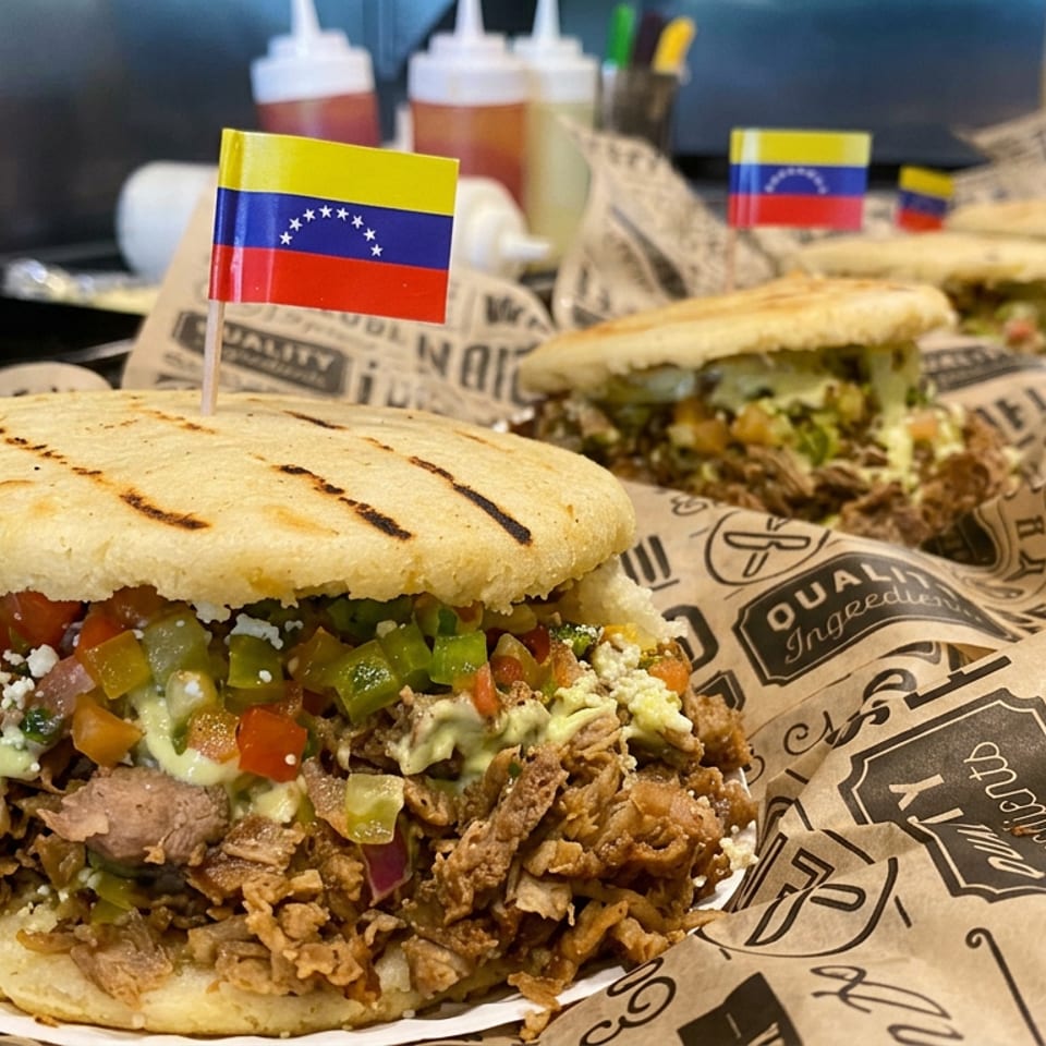 Venezuelan arepa stuffed with shredded meat, vegetables, cheese, and sauce, displayed on branded paper with Venezuelan flags.