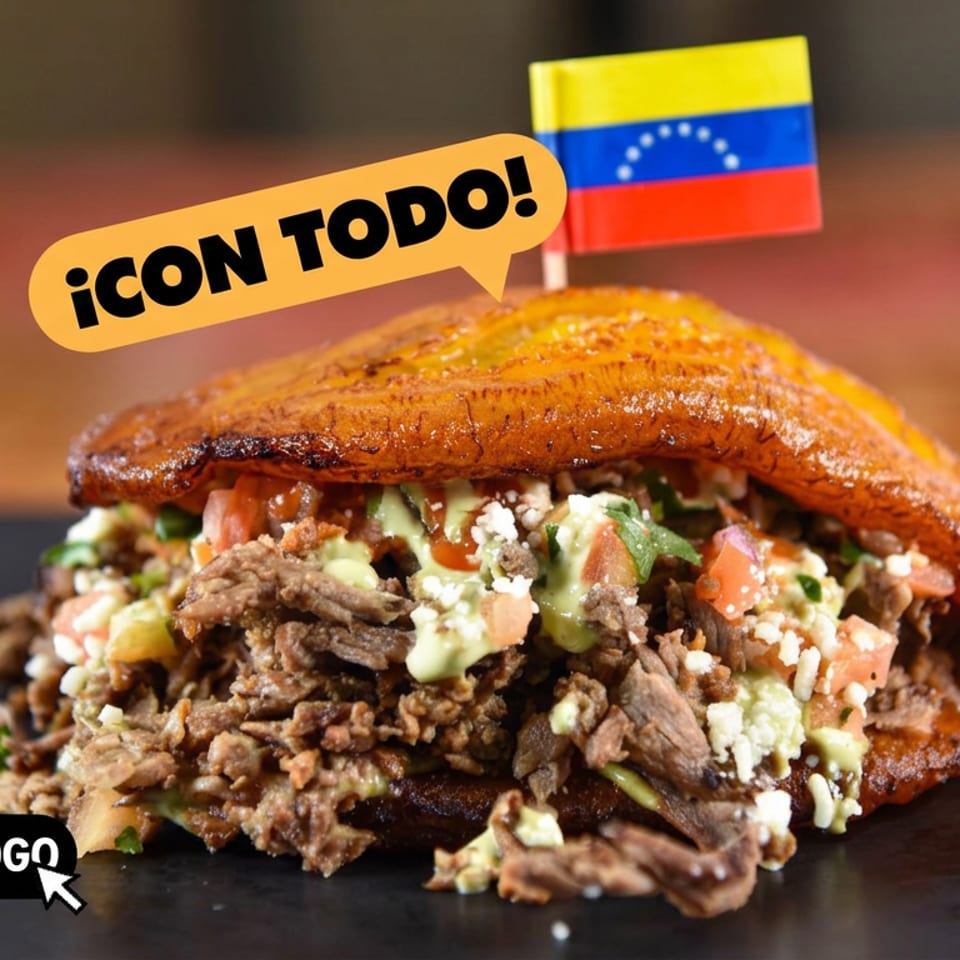 Venezuelan arepa sandwich stuffed with shredded beef, vegetables, cheese, and sauce, topped with a Venezuelan flag and “¡CON TODO!” sign.